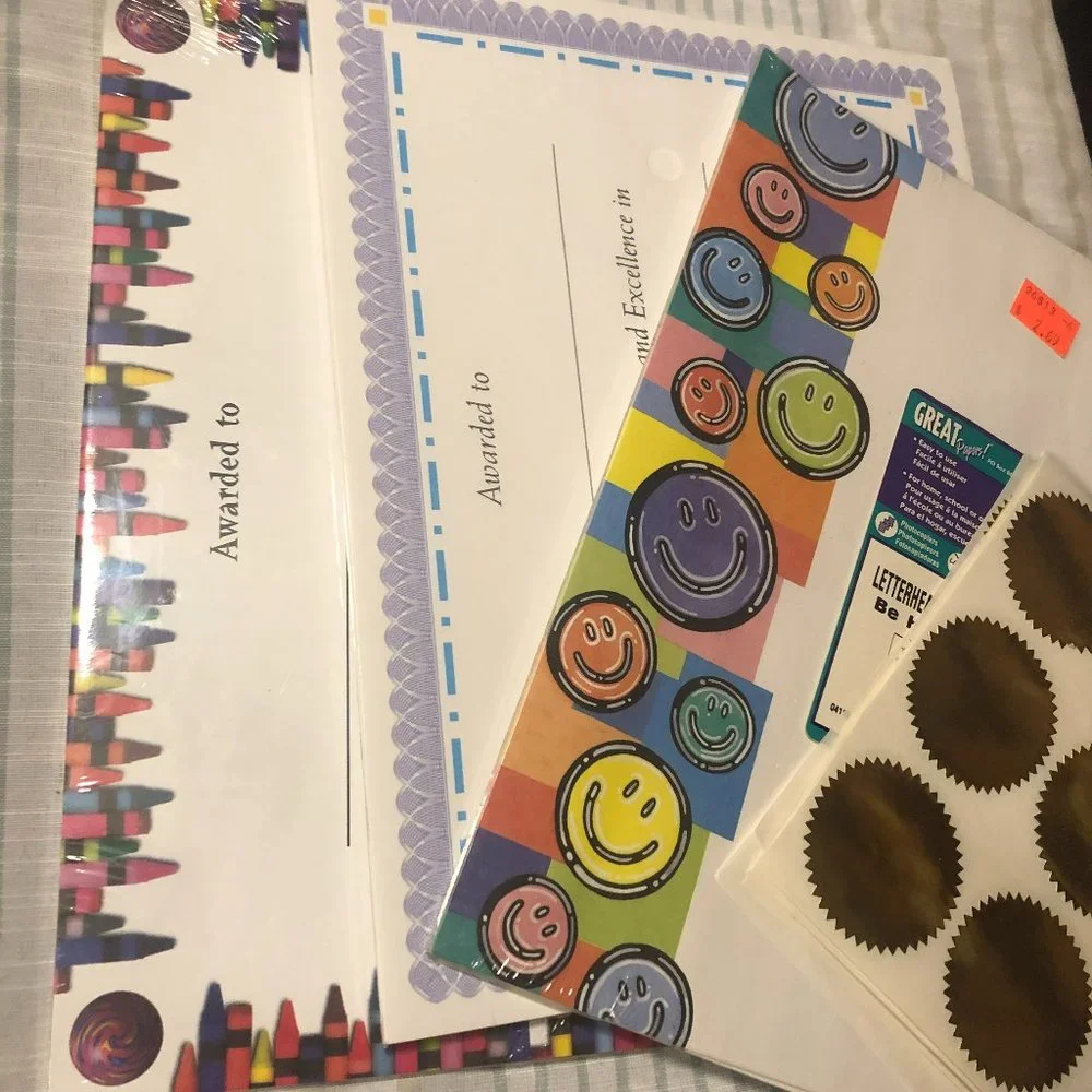 Award Print Papers, Smiley face letter head and Sticker Seals